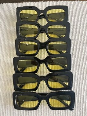 6 Pairs- Black Rectangular Sunglasses with Yellow Lenses